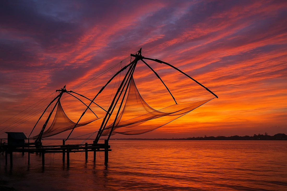 Fort Kochi Chinese fishing nets sunset Kerala